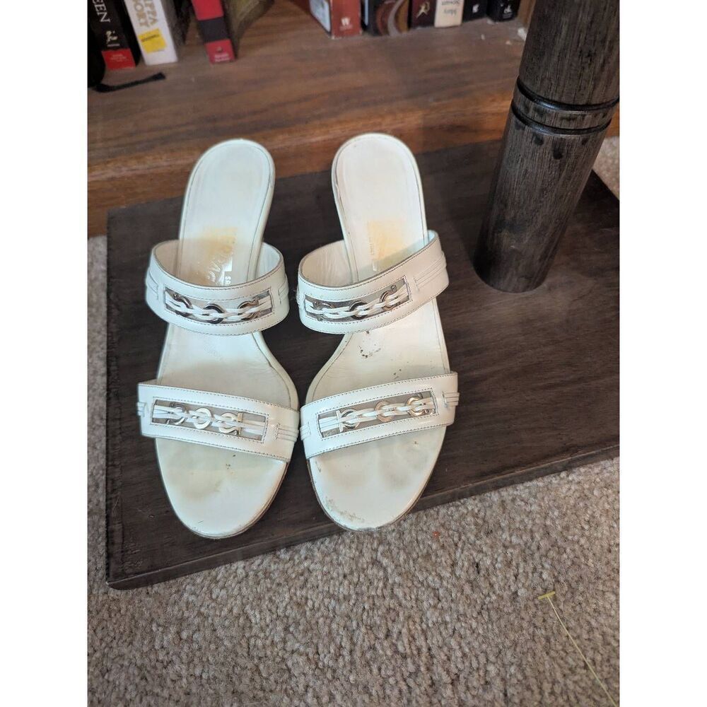 Salvatore Ferragamo Women's Size 7.5B Bianco Calf Transparent Kitten Heels With